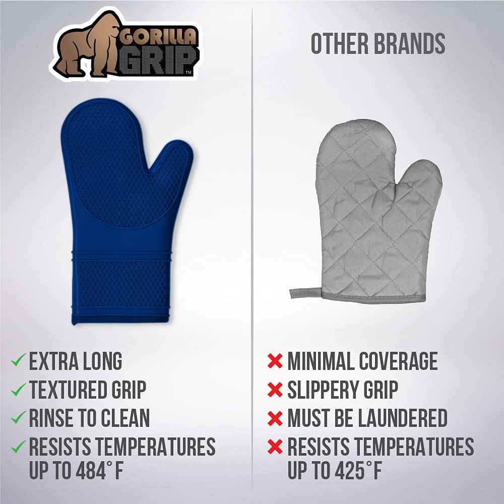 Gorilla Grip Heat and Slip Resistant Silicone Oven Mitts Set, Soft Cotton Lining, Waterproof, BPA-Free, Long Flexible Thick Gloves for Cooking, BBQ, Kitchen Mitt Potholders, 12.5 in, Blue