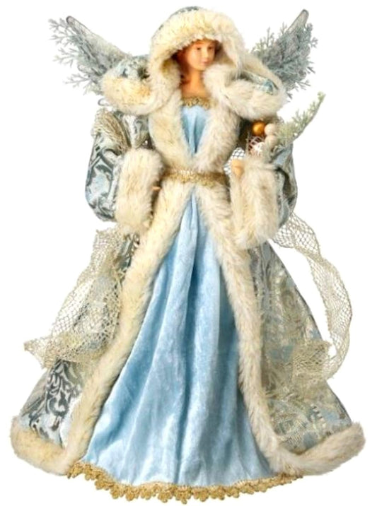 The Bridge Collection Blue and Gold Angel with Faux Fur Trimmed Robe Figurine - Robed Angel Christmas Tree Topper Also for Nautical or Coastal Decor - Angel Tree Topper