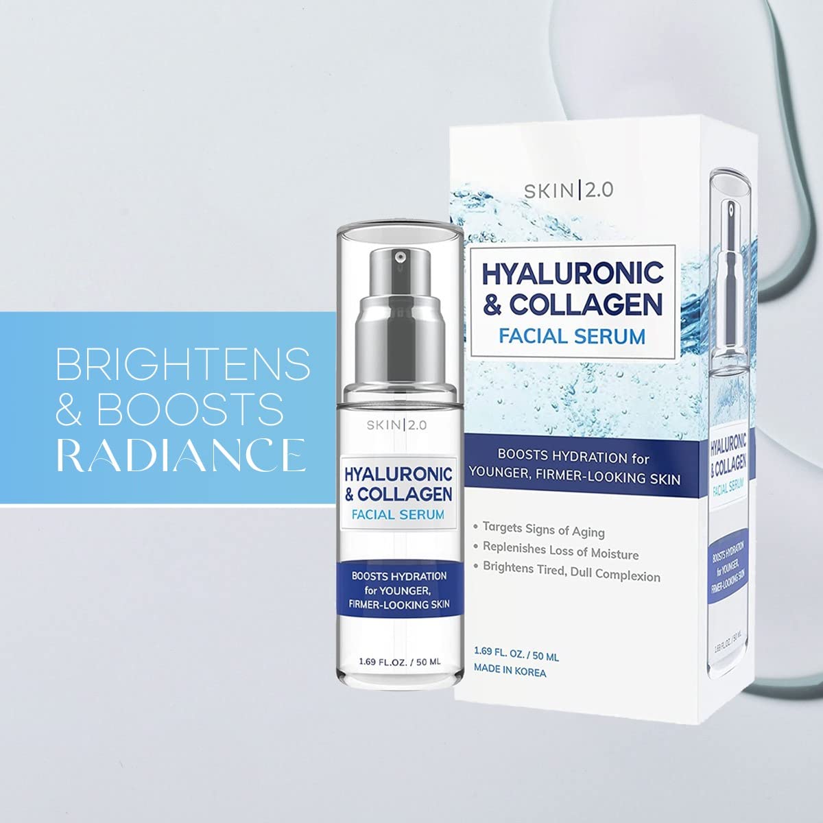 Skin 2.0 Hyaluronic Acid and Collagen Face Serum - Dermatologist Tested - Locks in Moisture, Skin Tightening, Anti-aging, Hydrating Facial Serum - Korean Skin Care - All Skin Types - 1.69 Fl. oz