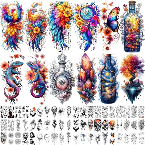 72 Sheets Magic Bottle Temporary Tattoos for Women Adults ? Galaxy Fantasy Tattoo Stickers with Crystals, Feathers & Phoenix Wings ? Colorful Boho Waterproof Wear for Festival, Music Party, Beach Days