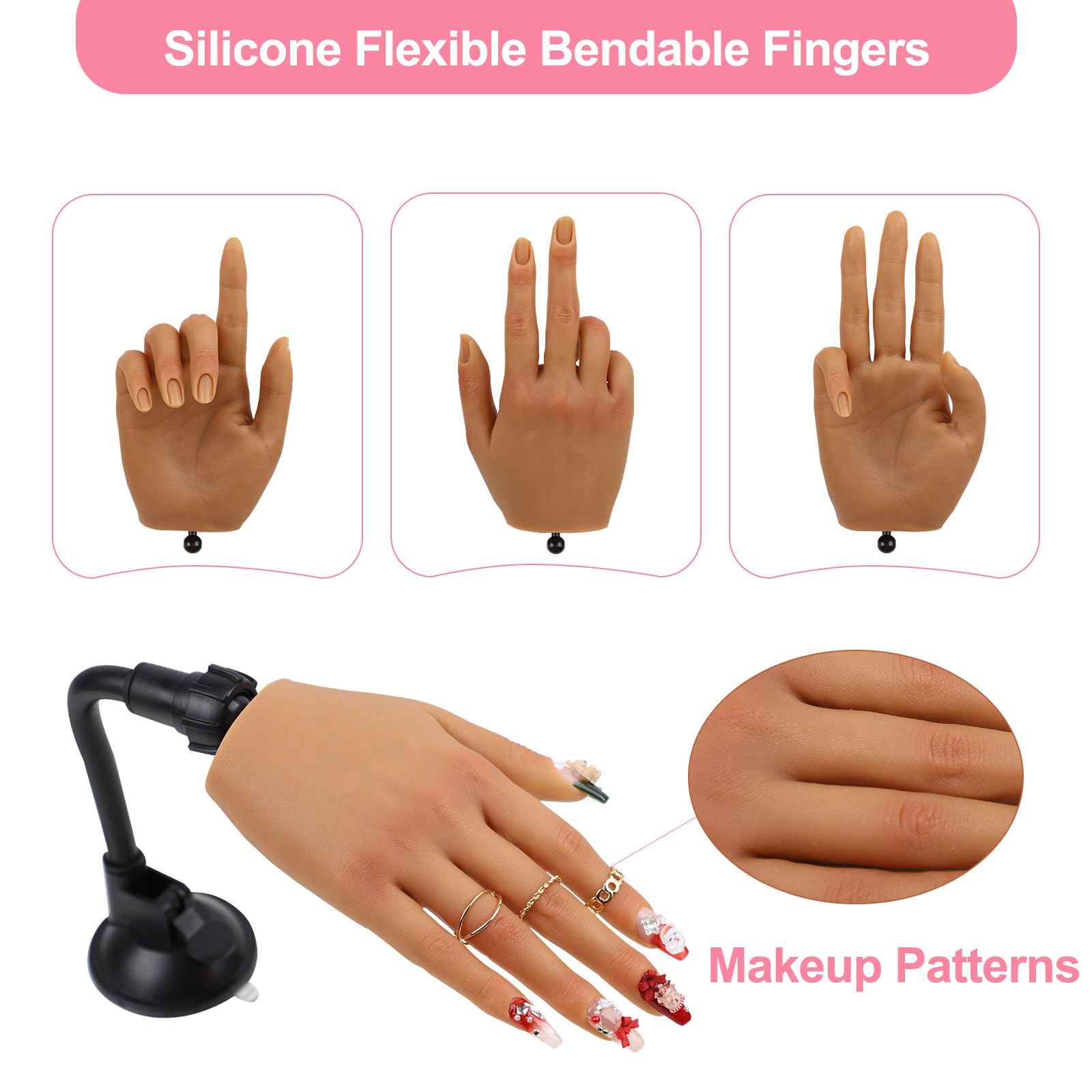 Nail Practice Hand for Acrylic Nails with 516 Pcs Nails, Silicone Fake Hands to Practice Fake Nails Mannequin Hand for Nails Practice and Nail Art Single Right Hand Brown
