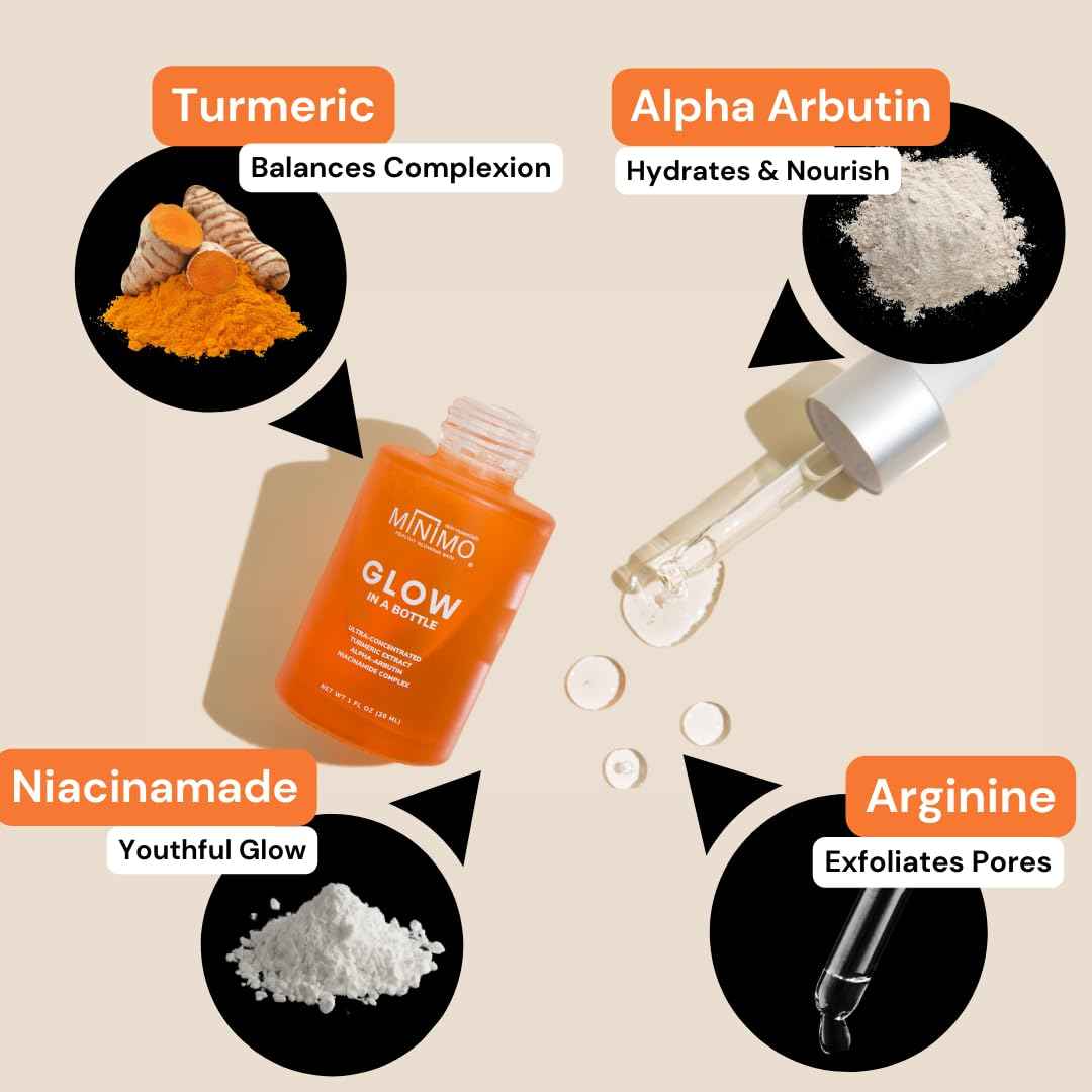Minimo Glow in a Bottle with Ultra-Concentrated Natural Turmeric Skin Brightening Oil for Dark Spots | Turmeric Facial Repair Serum Cleanses Skin | Turmeric Serum for Face - 1 Fl. Oz Travel Size