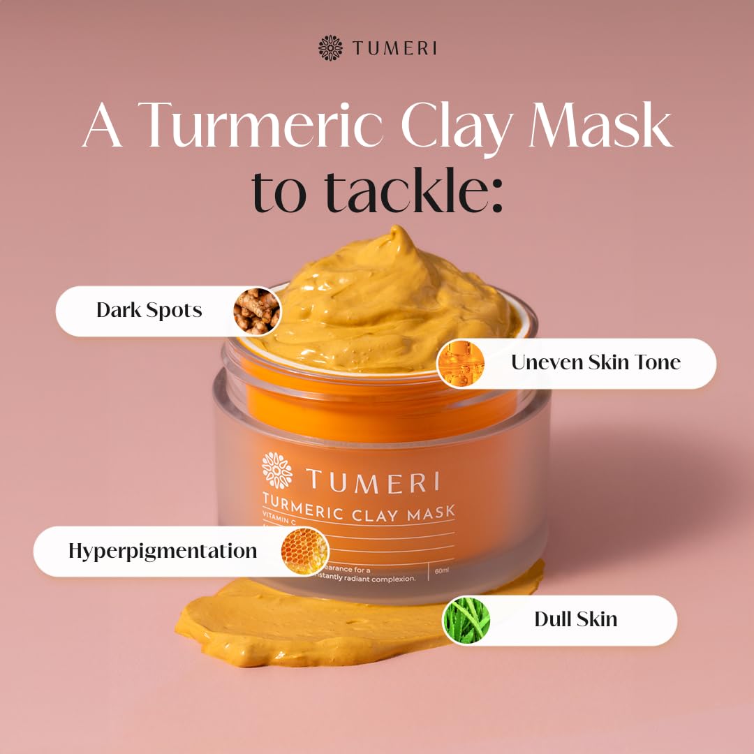 TUMERI Turmeric Clay Mask for Facial Skin Care – Turmeric with Vitamin C Clay Mask with Manuka Honey 2 oz – Facial Mask for Dark Spots, Scarring and Cleansing with Face Mask Brush Applicator & Towel