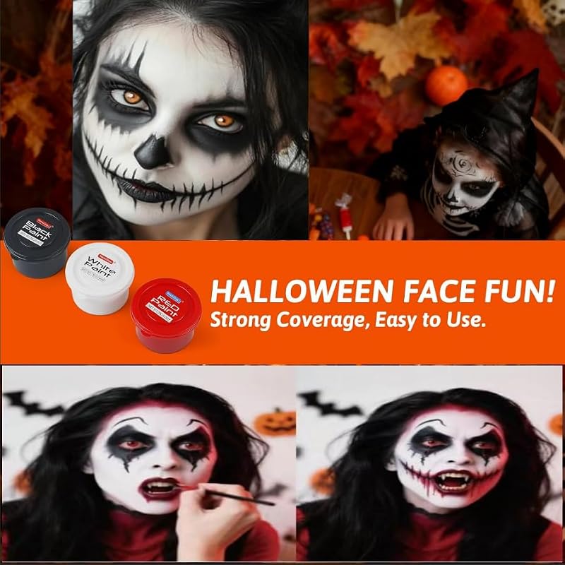 Water-Based Face Paint Set - 3 Colors with Brushes, Halloween Makeup