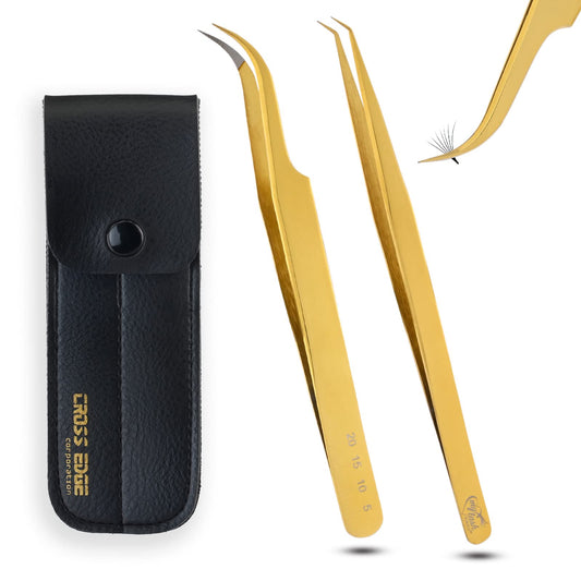 My Lash Tools - New Fiber Tip Lash Tweezers for Eyelash Extensions Tweezers SET OF 2 Mini Isolation & Microgrip Tip Curved Volume Tweezers Japanese Steel Lashing Tweezer (GoldSet2)