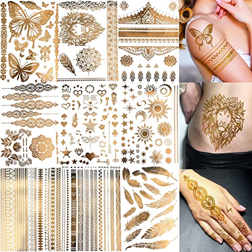 Bilizar 9 Sheets Flash Gold Temporary Tattoos - 110+ Designs