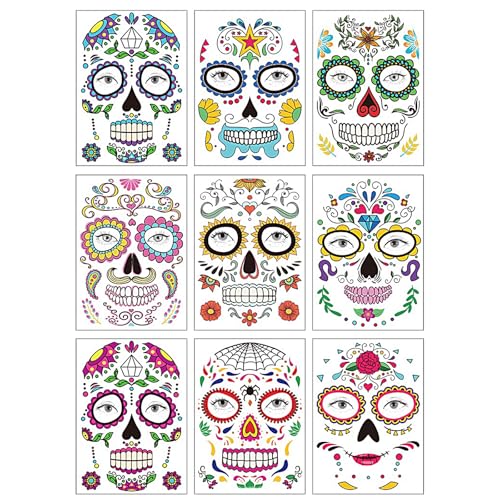 9 PCS Day of the Dead Costume Tattoos Temporary Face Tattoo Sugar Skull Stickers for Halloween, Makeup, Masquerade and Parties