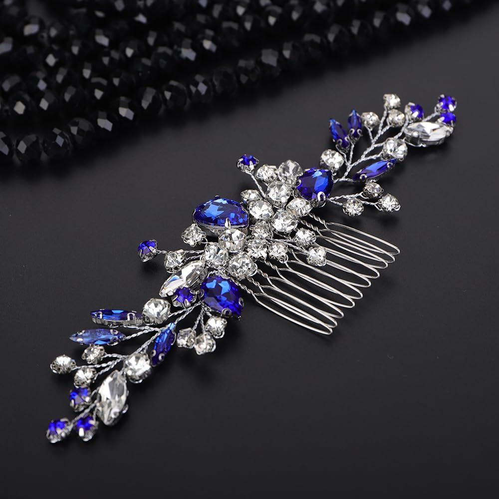 Teyglen Bridal Hair Comb with Blue Rhinestones and Crystals for Women, Bridesmaids, Girls - 15*8cm/5.9*3.14in, Alloy, One Count