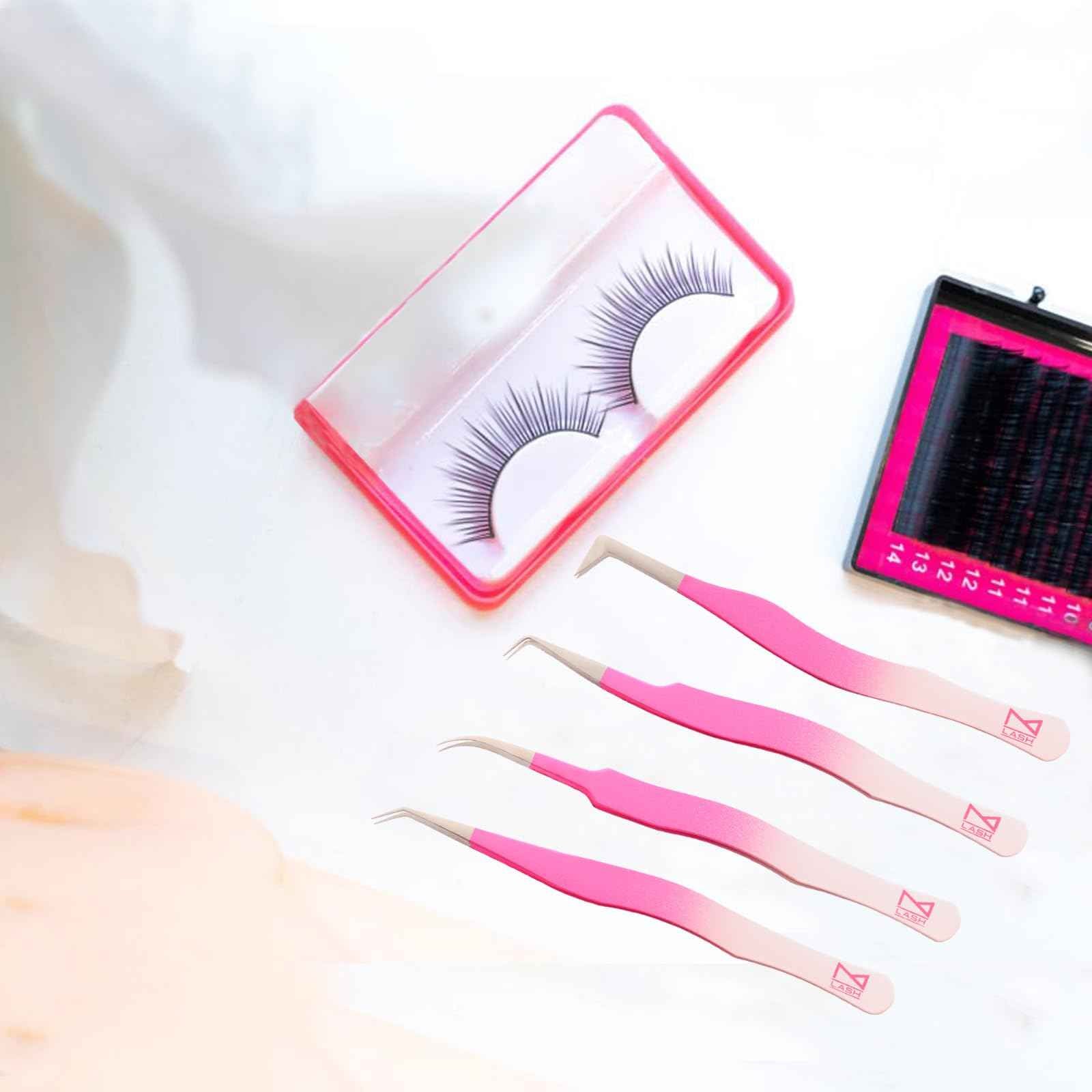 M LASH Eyelash Tweezers for Eyelash Extensions (Set of 4) - Professional Lash Extension Tweezers - Fiber Tip Lash Tweezers, Japanese Steel, Diamond Grip For Flawless Application (Black)