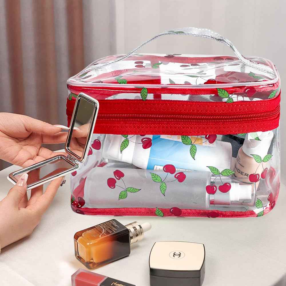 TotePrint Cherry Clear Cosmetic Bag Transprent Clear Makeup Bag Travel Pouch with Handle-Durable PVC Material,Versatile,Zipper Design for Smooth Sliding-Ideal for Makeup,Travel Essentials (Cherry)