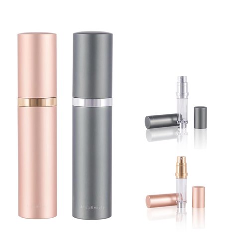 AricizBeauty Travel Refillable Perfume Fragrance Atomizer 0.17fl.oz/5ml. Cologne Pocket Recyclable Portable Sprayer Bottle. Mini Scent Pump Case Dispenser Perfume Container (DEEP GREY + ROSE GOLD)