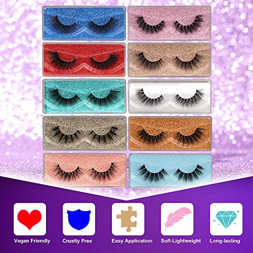 False Eyelashes Wispy 18 mm Natural 3D Faux Mink Lashes Pack 10 Pairs 10 Styles Mixed Soft Reusable Fake Eyelashes Bulk with Glitter Portable Boxes