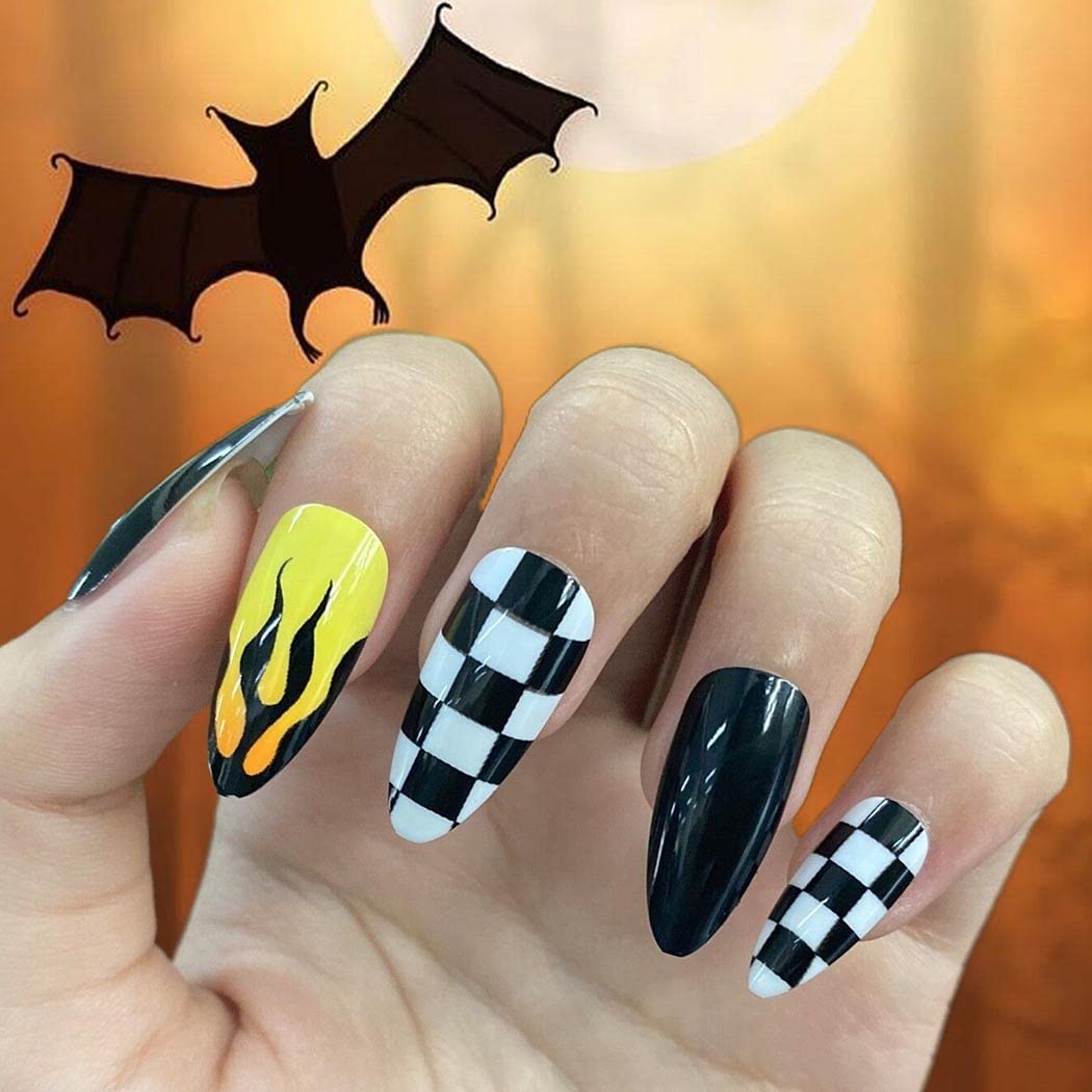 Outyua Stiletto Halloween Long Press on Nails with Design Horror Acrylic Fake Nails Ballerina False Nails Designer Full Cover Nails 24Pcs for Women and Girls (Fire Yellow)