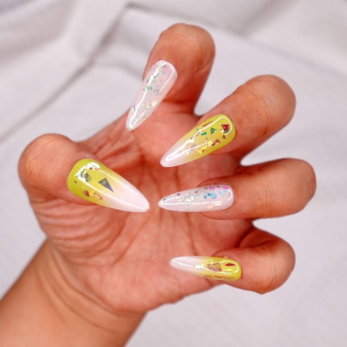 10 Pcs Handmade Press on Nails (X-Small, Iced Lime - French Ombre Lime Green and Shattered Glass Jelly White Glitter Mix Stiletto Nails) A117XS