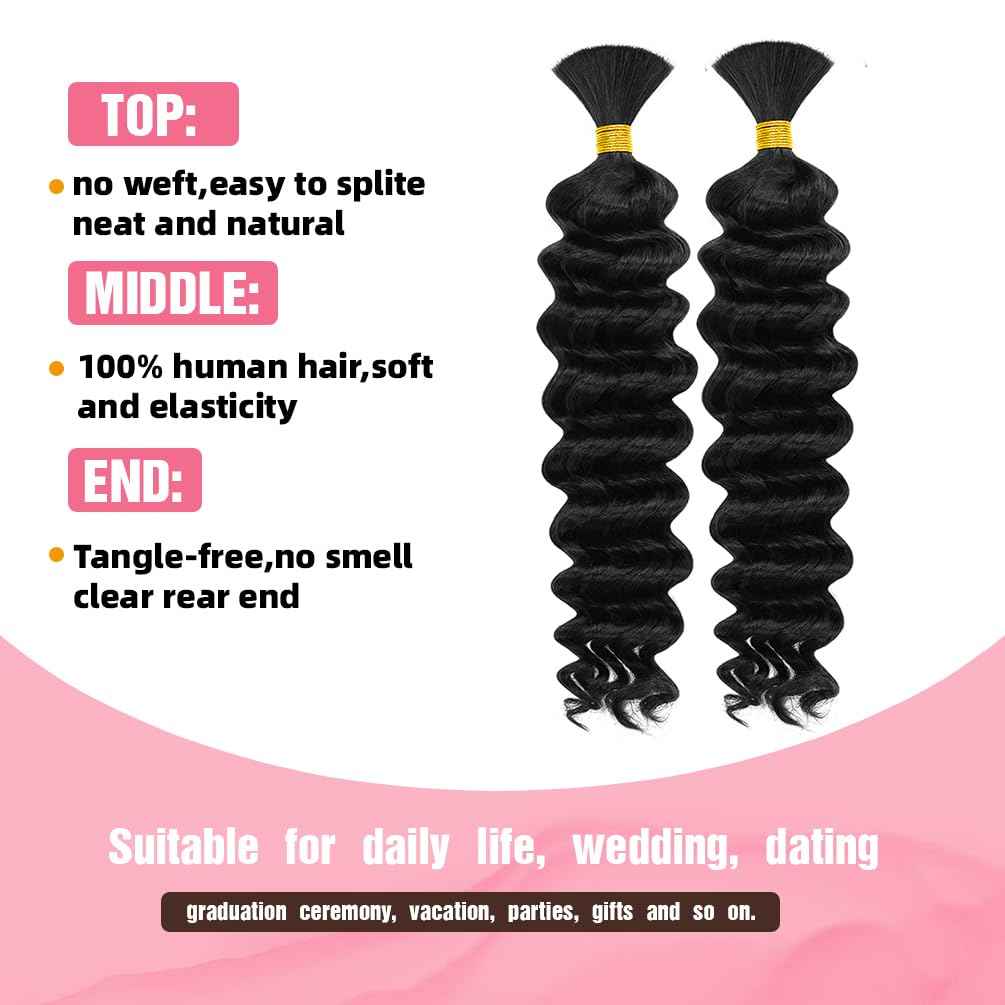 Human Braiding Hair, 2 Bundle 100g 16 Inch Boho Braids Human Hair 10A Deep Wave Bulk Brazilian Virgin No Weft Wavy Hair Extensions for Boho Bohemian Micro Braid Bulk for Braiding Natural Black