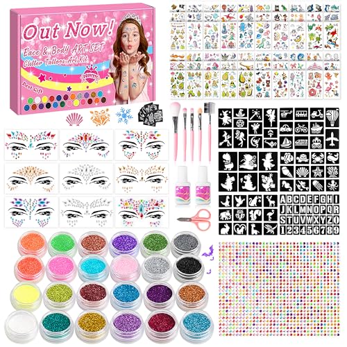 Glitter Tattoos Kit for Kids, 9 Face Gems, 24 Colors Glitter, 60 Tattoo Stickers, 64 Tattoo Stencils, 1008 Rhinestones, 5 Makeup Brushes, 2 Glue, 1 Mini Scissors, Great Holiday Gift for Girls & Boys.