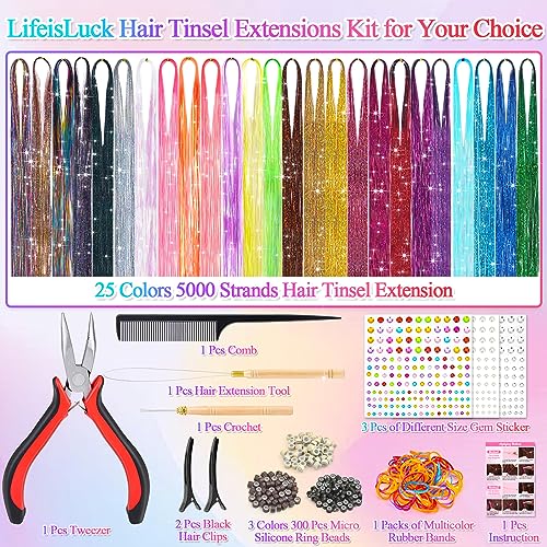 LifeisLuck 25-Color Fairy Hair Tinsel Kit with 5000 Strands & Tools for Sparkling Hair Extensions, Perfect for Parties & Cosplay