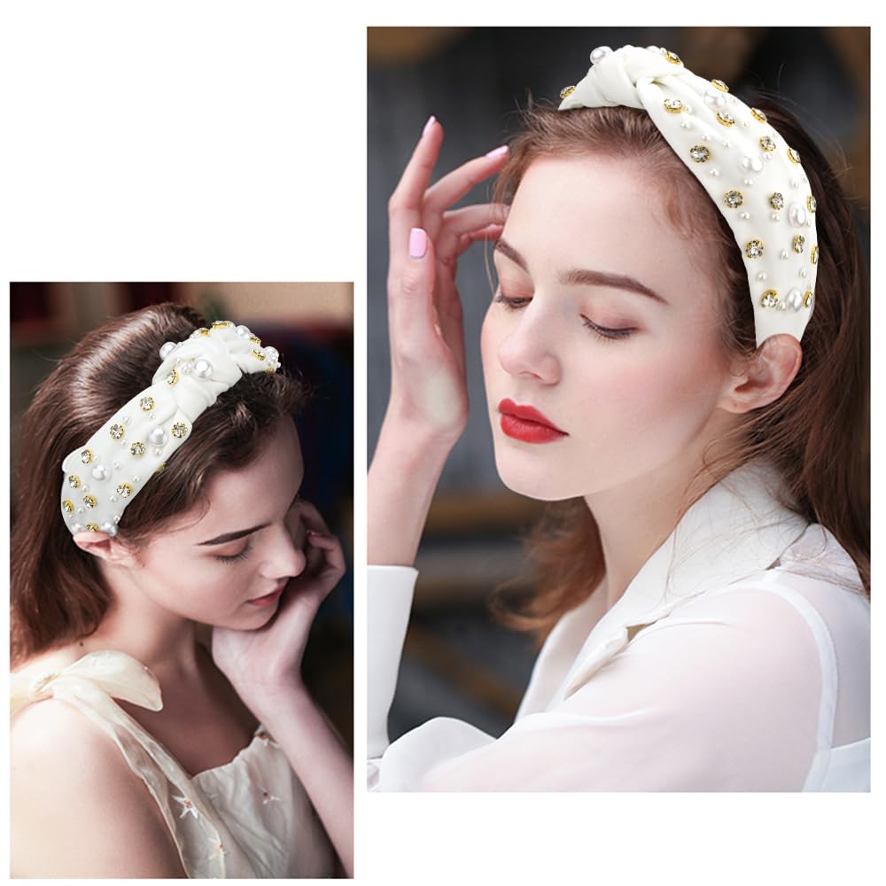 Atoden White Wide Top Knot Headband with Pearl Rhinestone for Women's Hair Embellished Headbands Sparkly Hair Bands