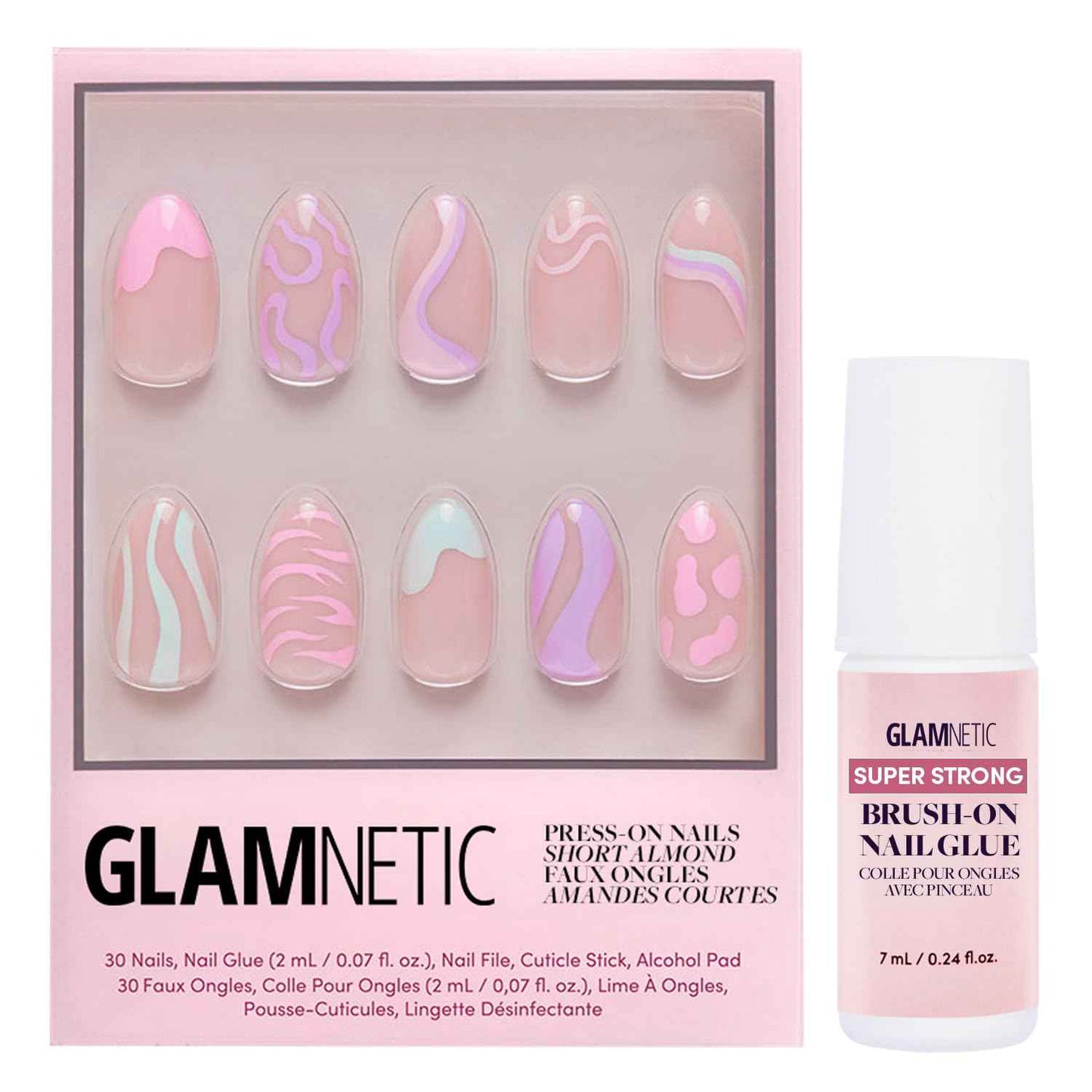 Glamnetic Press On Nails & Brush On Nail Glue Bundle - Wild Card | Semi-Transparent Short Almond Nails with Trendy Pastel Prints | 12 Sizes - 24 Nail Kit with Glue | Reusable, Salon-Quality Fake Nails