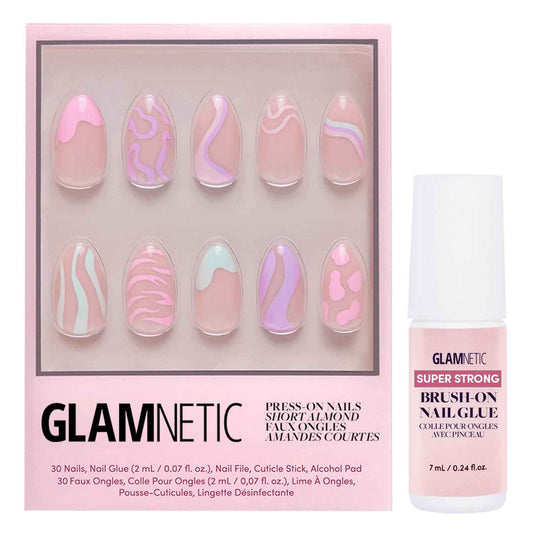 Glamnetic Press On Nails & Brush On Nail Glue Bundle - Wild Card | Semi-Transparent Short Almond Nails with Trendy Pastel Prints | 12 Sizes - 24 Nail Kit with Glue | Reusable, Salon-Quality Fake Nails