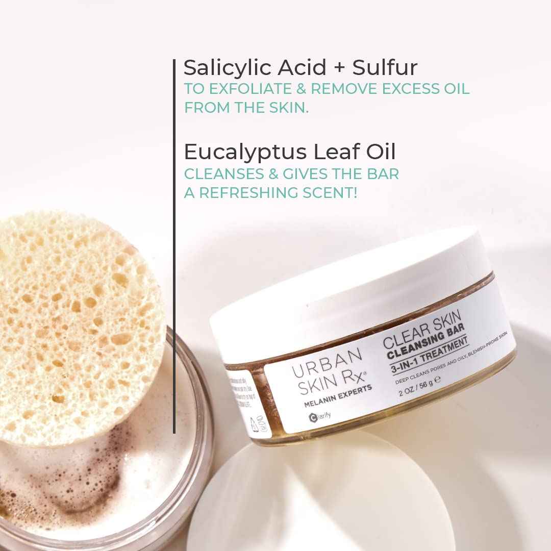 Urban Skin Rx® Clear Skin 3-in-1 Daily Treatment Cleansing Bar, Exfoliator + Clarifying Mask, Reduces Excess Oil, Clears Clogged Pores, Improves Appearance of Blemishes & Prevents Breakouts, 3.7 Oz