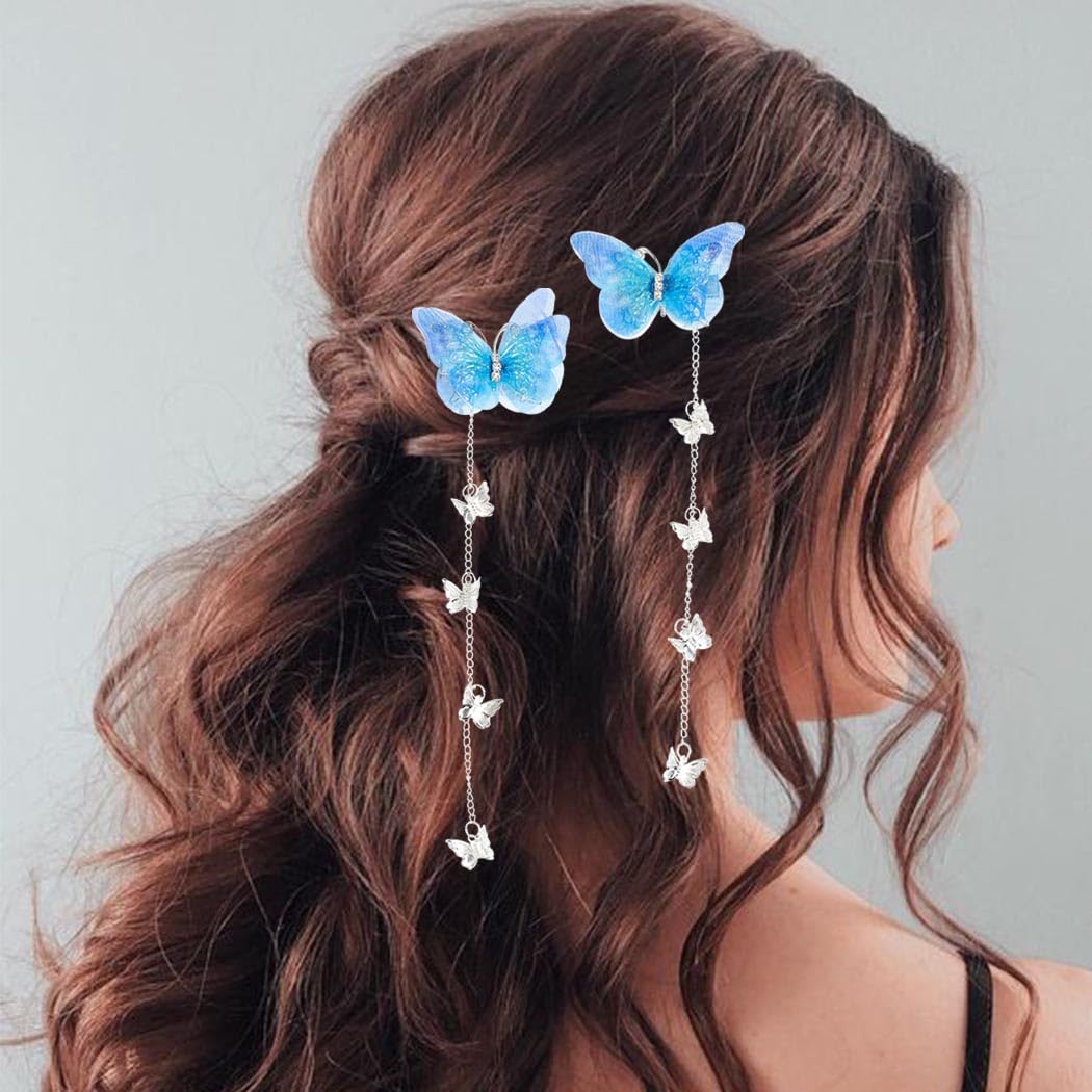 Bartosi Butterfly Hair Clips Blue Butterfly Hair Clip Tassel Hair Pins Cute Rhinestone Hair Barrettes Hair Accessories for Women and Girls (Pack of 2)