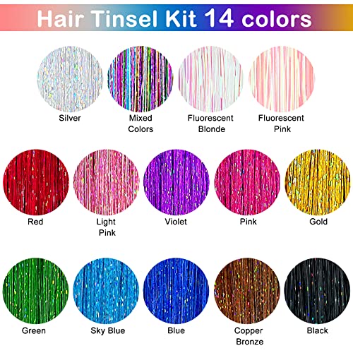 Hair Tinsel Kit (48 Inch,14 Colors, 3500 strands), Tinsel Hair Extensions with Tools, Heat Resistant Fairy Hair Tinsel Kit for Women Girls Hair Accessories