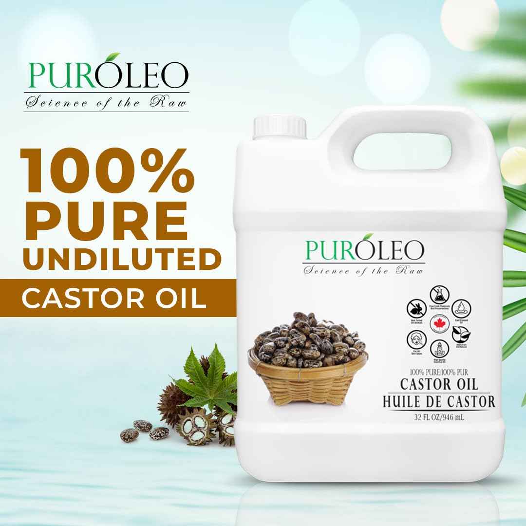 PUROLEO Castor Oil 32 Fl Oz/946 ML (Packed In Canada) 100% Pure and Natural Hair, Lash, Beard, Eyelashes & Eyebrow Oil Black castor oil for brow lashes, Make eyelash serum, hair serum for dry hair