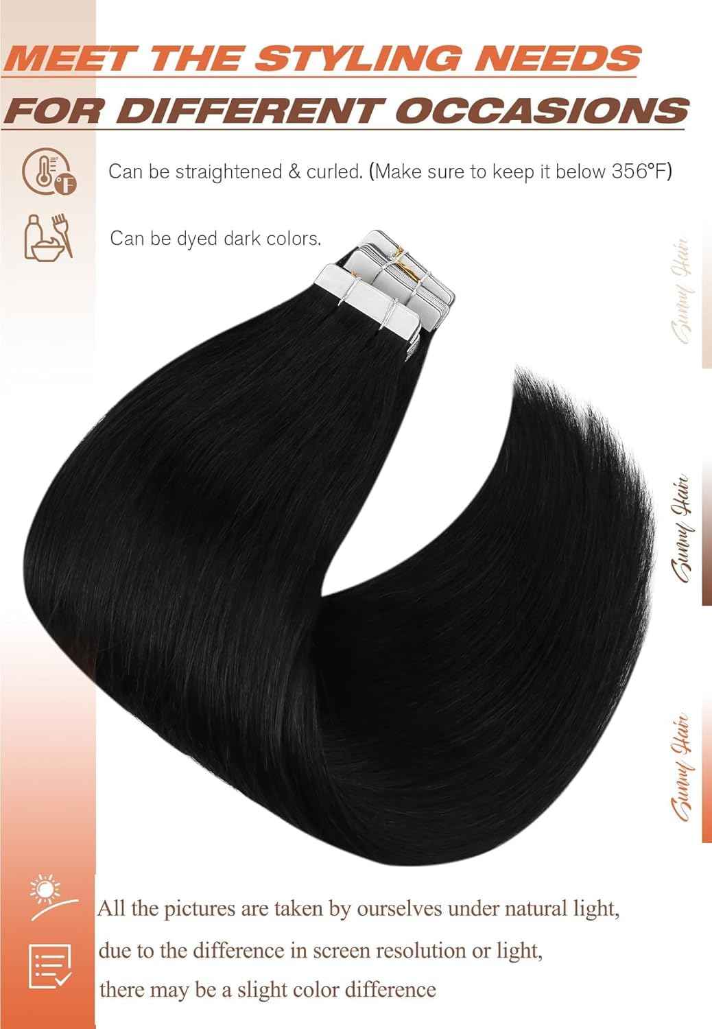 Sunny Hair Tape in Hair Extensions Human Hair 22inch Hair Extensions Real Human Hair Tape in Extensions for Women Jet Black Invisible Remy Hair Natural Straight Skin Weft Double Sided Tapes 20Pcs 50g