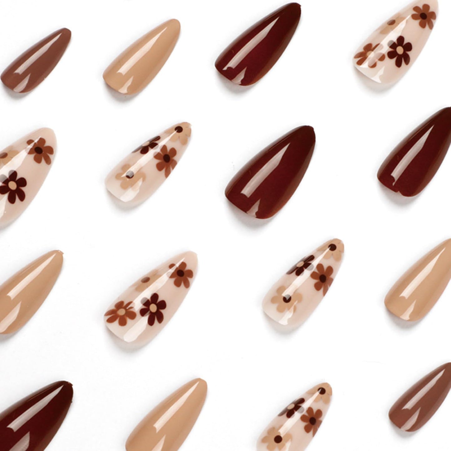 Fall Press on Nails Almond Shape Fake Nails Light Brown Glue on Nails Full Cover Acrylic Nails Flower Designs Autumn Press on Nails Medium Length Stick on Nails Thanksgiving Day for Women Girls 24 Pcs