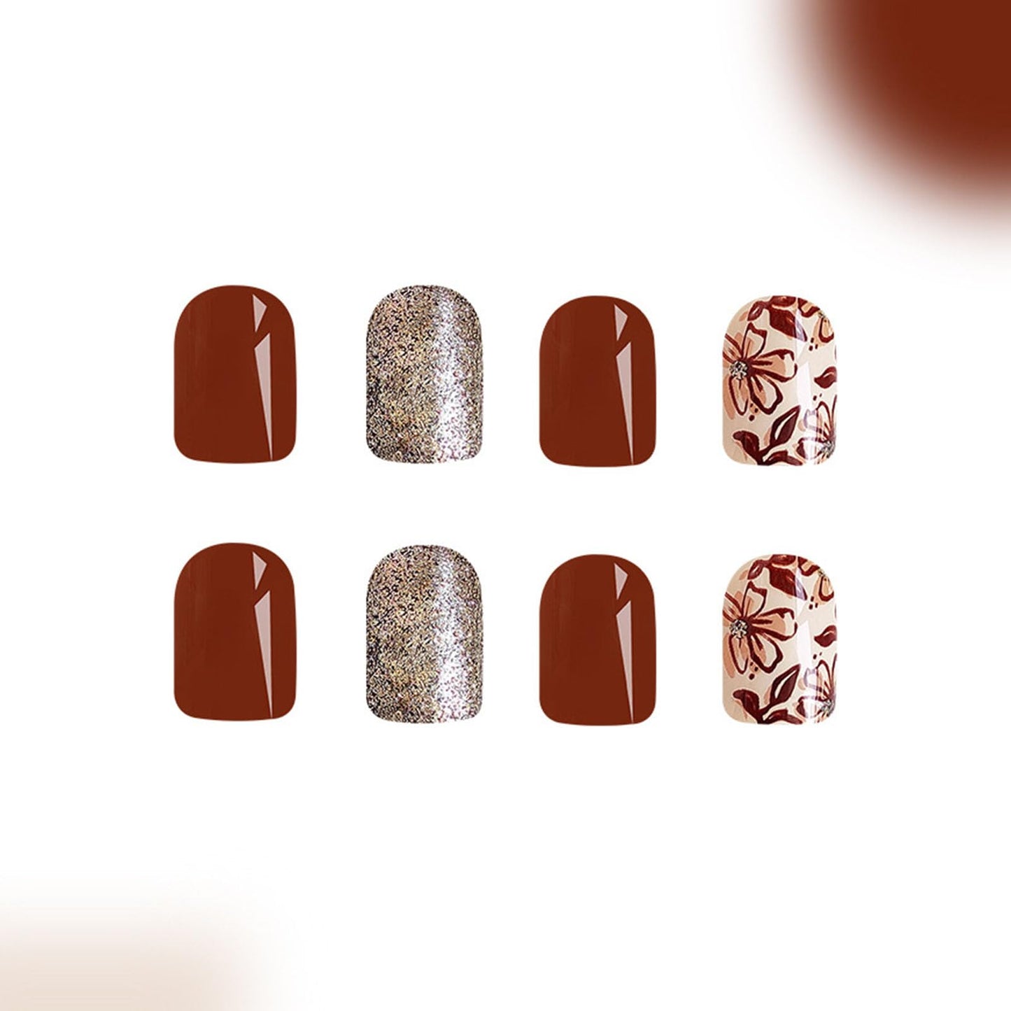 Fall Press on Nails Short Square Fake Nails with Glitter Flower Designs Brown Full Cover Glue on Nails Press ons Acrylic False Nails Glossy Stick on Nails for Women Girls 24 Pcs