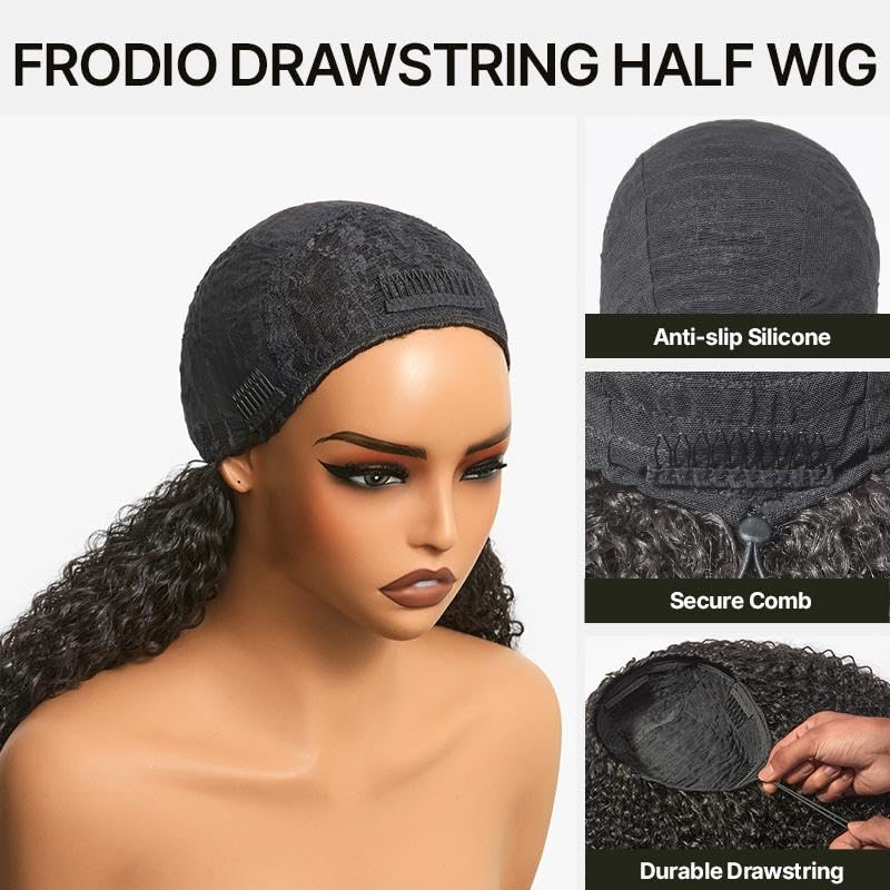 Frodio 18-Inch Kinky Curly Half Wig with 200% Density, Glueless, Boho Waves