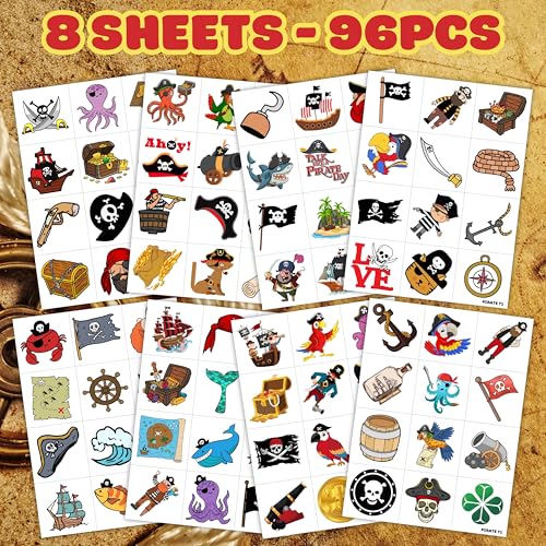 96PCS Pirate Pre-Cut Temporary Tattoos - Cute Pirate Ship, Mermaid, and Treasure Designs - Party Favors, Birthday Supplies, Classroom Rewards & Halloween Gifts