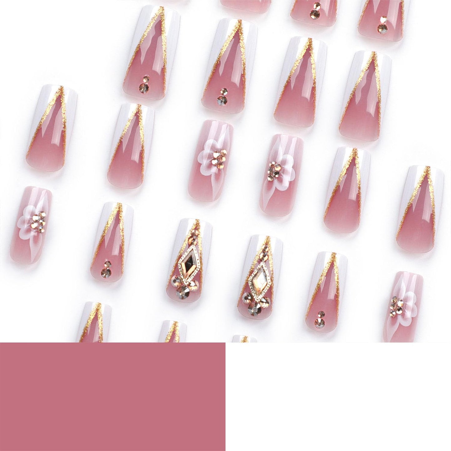 White French Tip Press on Nails Long Square Fake Nails with 3D Gold Rhinestones Designs Pink Translucent Nails Press ons Flowers & Glitter Stick on Nails for Women 24 Pcs