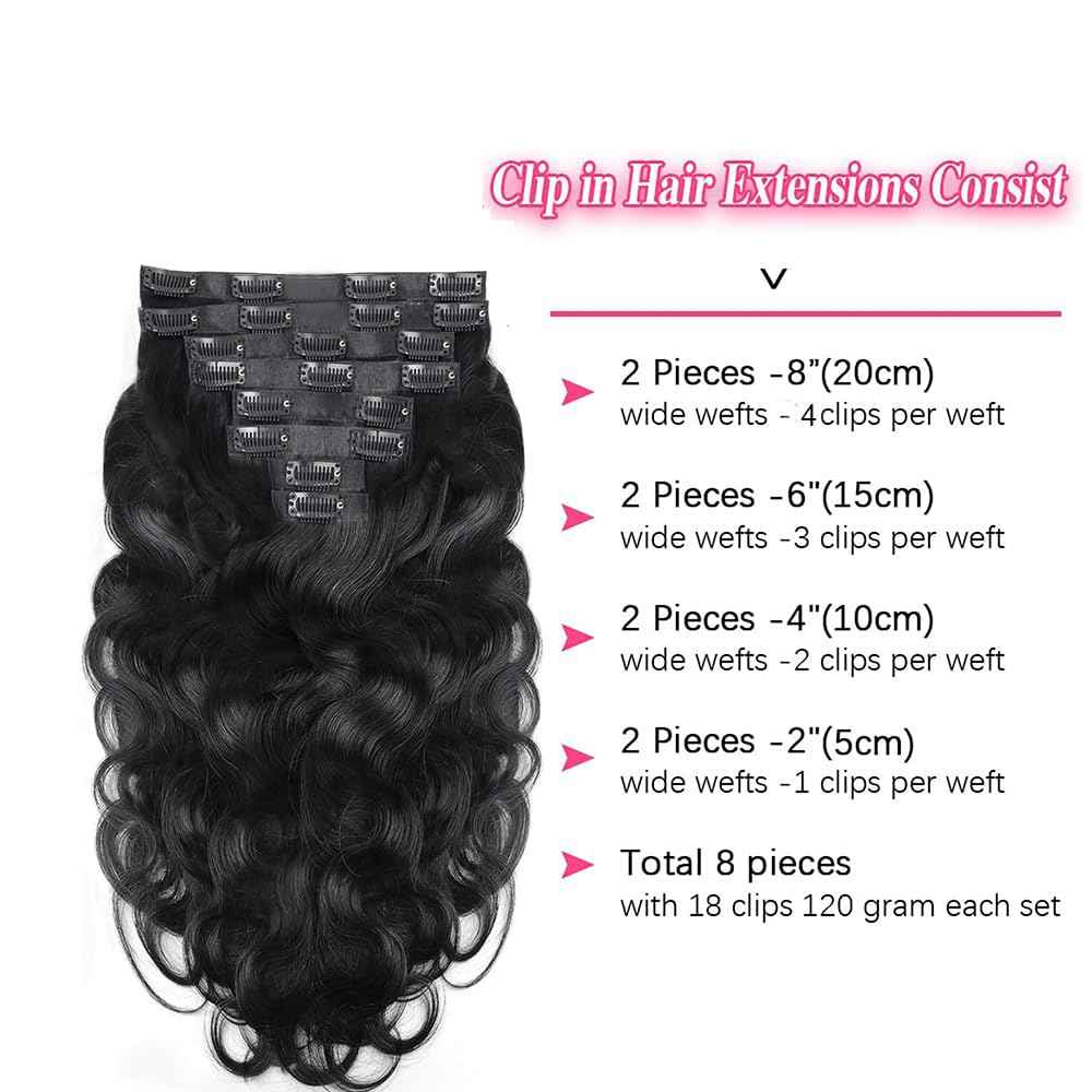 MYouan Seamless Body Wave Clip Ins PU Weft Clip In Hair Extensions Real Human Hair Clip Ins 16Inch 100% Unprocessed Human Hair Extensions 8pcs/set (20Clips120g)