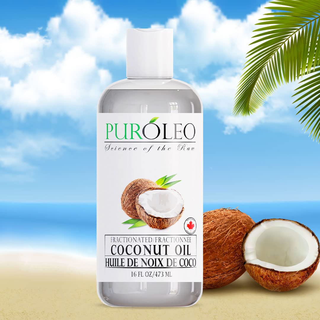 PUROLEO Fractionated Coconut Oil 16 Fl Oz/473 ML (Packed in Canada) 100% Natural and odorless Moisturizer & Carrier Oil l Hair Skin Body, Aromatherapy, Massage, Makeup Remover