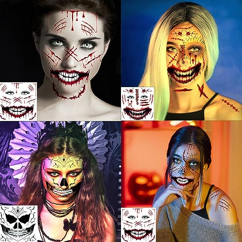 Halloween Temporary Tattoos - 6 Sheets Scary Face & Zombie Scars