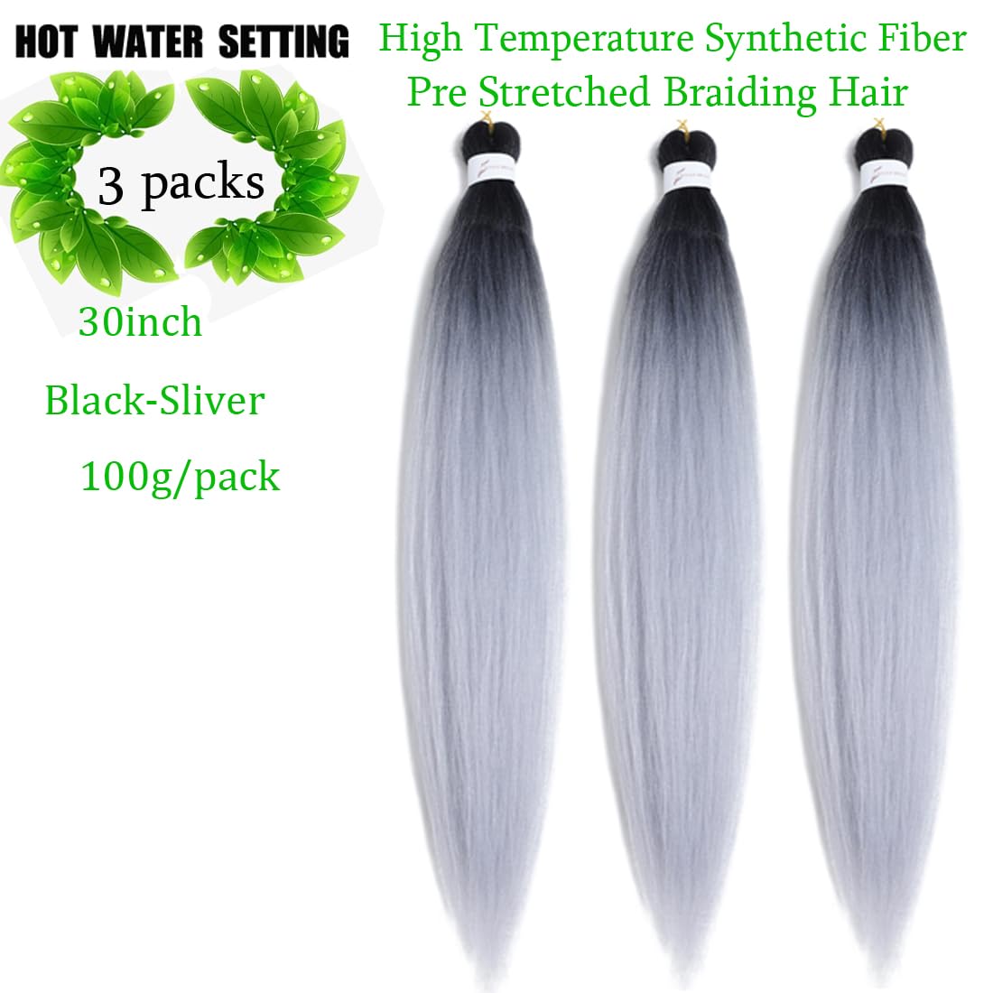 Pre Stretched Braiding Hair Long Braiding Hair Extensions 30 Inch 3 Packs High Temperature Synthetic Fiber Hair ForCrochet Twist Braids Hot Water Setting(30inch,Black-Silver)