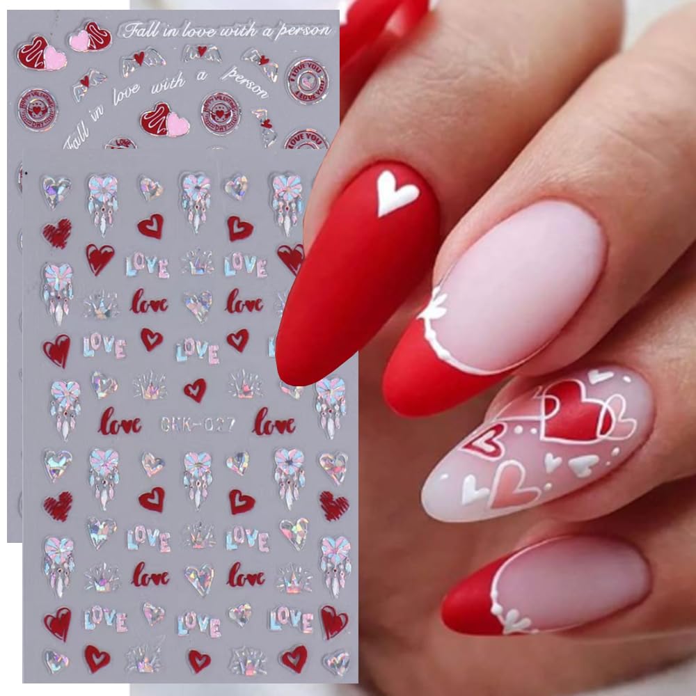 6 Sheets Valentine's Day Nail Art Sticker Decals Red Love Heart Lips Design Nail Decals 3D Self-Adhesive Rose Flower Nail Art Supplies Silvers Love Angel Nail Design Nail Decoration for Women Girls