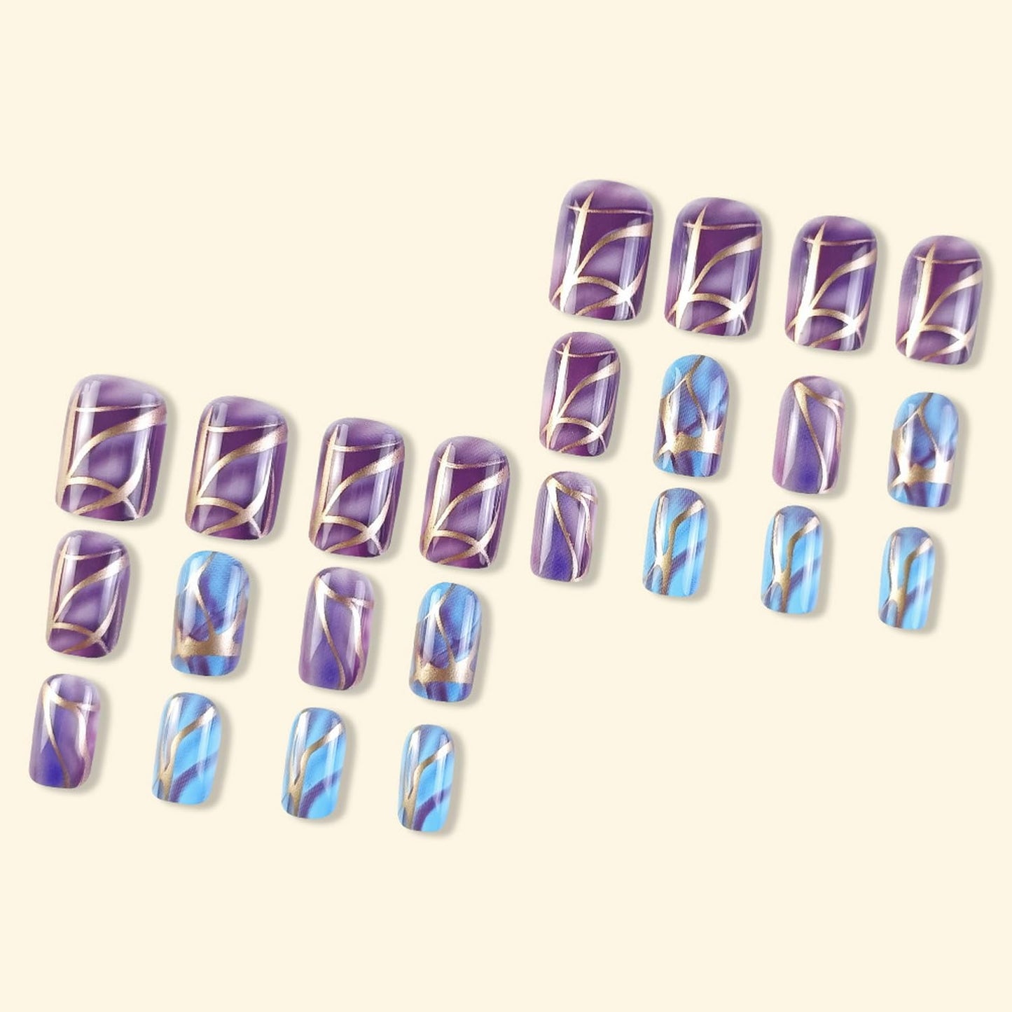 Square Press on Nails Short Length Fake Nails Purple Blue Glossy Marble False Nails Golden Glitter Swirl Designs Sparkly Reusable Full Cover Acrylic Nails Stick on Nails for Women and Girls 24 Pcs