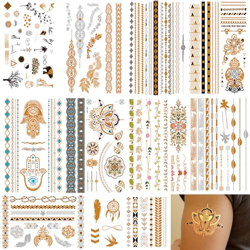 Gold Silver Metallic Temporary Tattoos - 10 Sheet Waterproof