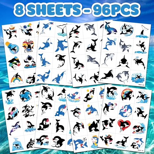 96 PCS Orca Temporary Tattoos for Kids | Pre-Cut Sea Animal Party Favors
