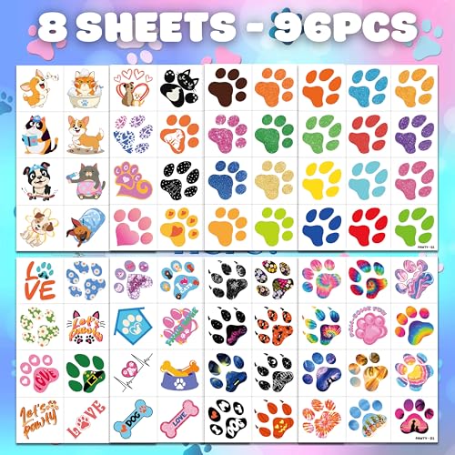 96 Paw Print Temporary Tattoos for Kids | Waterproof Fake Tattoo Stickers
