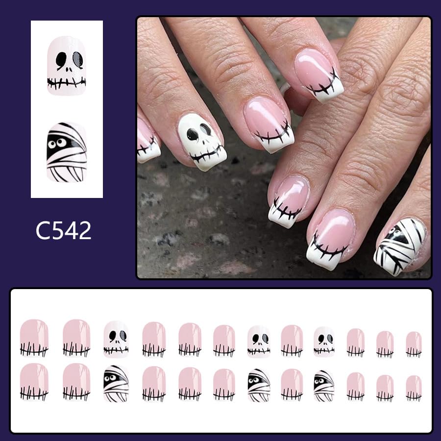 Halloween French Tip Press on Nails Short Square Fake Nails, Pink Press on Nails with Mummy Designs Halloween Glue on Nails Full Cover False Nails Halloween Nails for Women 24Pcs