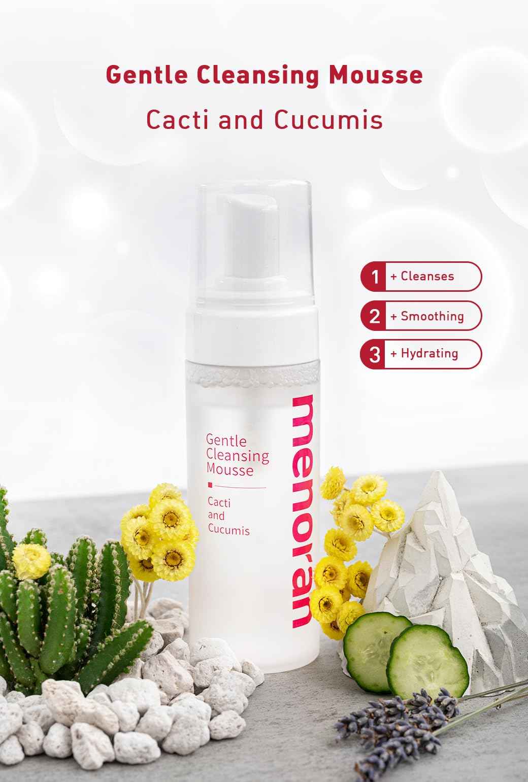 menorah Gentle Cleansing Mousse – Hydrating pH-Balanced Face Wash with Cactus & Cucumber Extracts, Soothing Daily Cleanser for Sensitive & Dry Skin