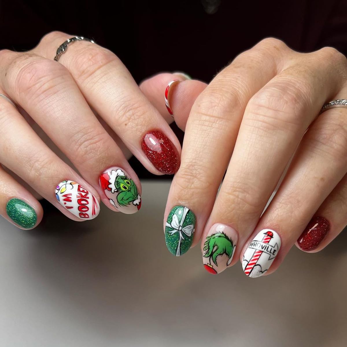 Christmas Press on Nails Short Almond Fake Nails Fun Cartoon Santa Claus Xmas Tree Stick on Nails Acrylic False Nails with Red Ribbon Designs Winter Holiday Artificial Glue on Nails for Women