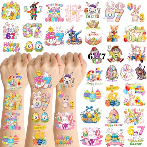 99Pcs Easter Bunny 6 7 Six Seven Temporary Tattoos for Easter Bunny Birthday Party Supplies Decorations, Hypoallergenic Easter Decorations for Party