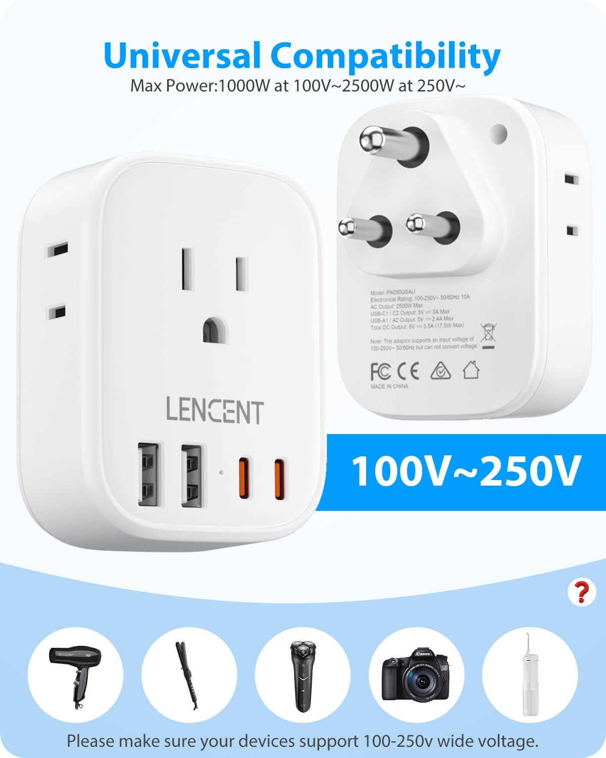 LENCENT US to India Power Plug Adapter, Indian Travel Adaptor with 4 Outlets, 4 USB Charger(2 USB C), Type D Plug Converter for USA to India Nepal Bangladesh Maldives Pakistan, Safe Grounded