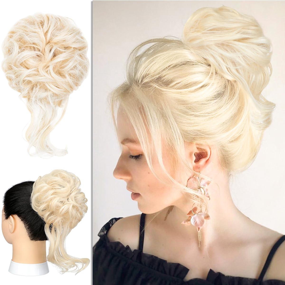 Yekartary Messy Hair Bun Women Updo Ponytail Chignon Synthetic Curly Tousled Hairpieces with Wavy Tendrils Elastic Scrunchies Extensions Bleach Blonde