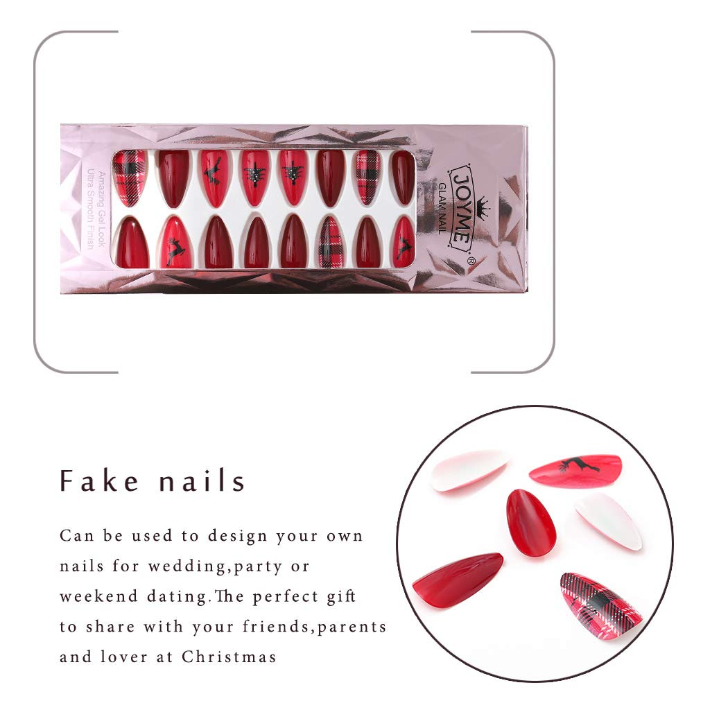 Gangel Red Matte False Nails Xmas Fake Nail Full Cover Christmas Long Fake Nails Snow Deer Acrylic Press on Nails Daily Wear Gifts for Women and Girls 24Pcs (RED LATTICE)